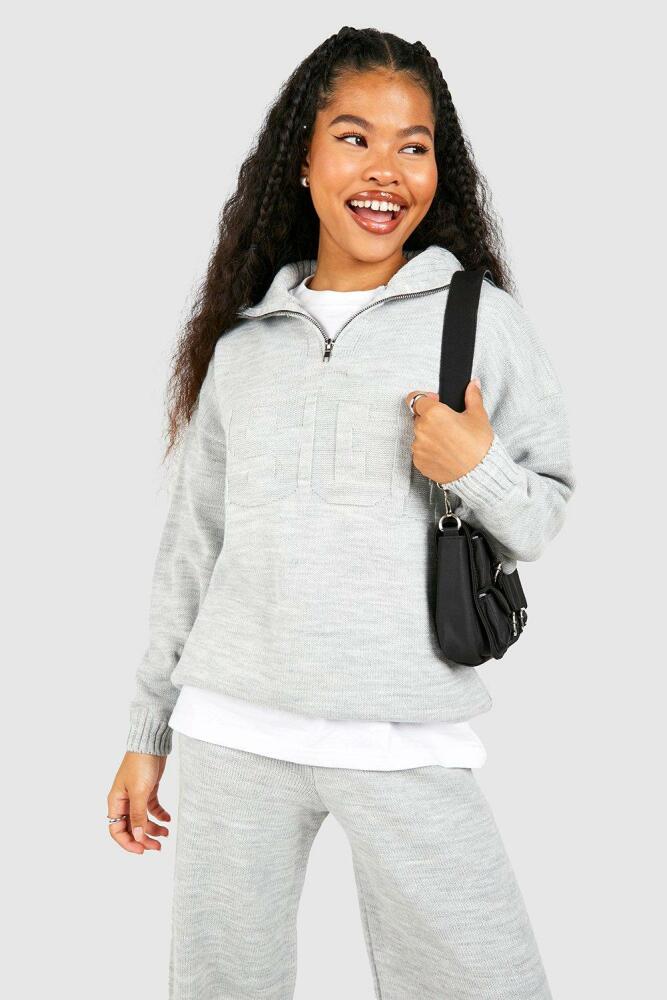 boohoo Womens Petite Dsgn Embossed Knitted Half Zip Sweater - Grey Cover