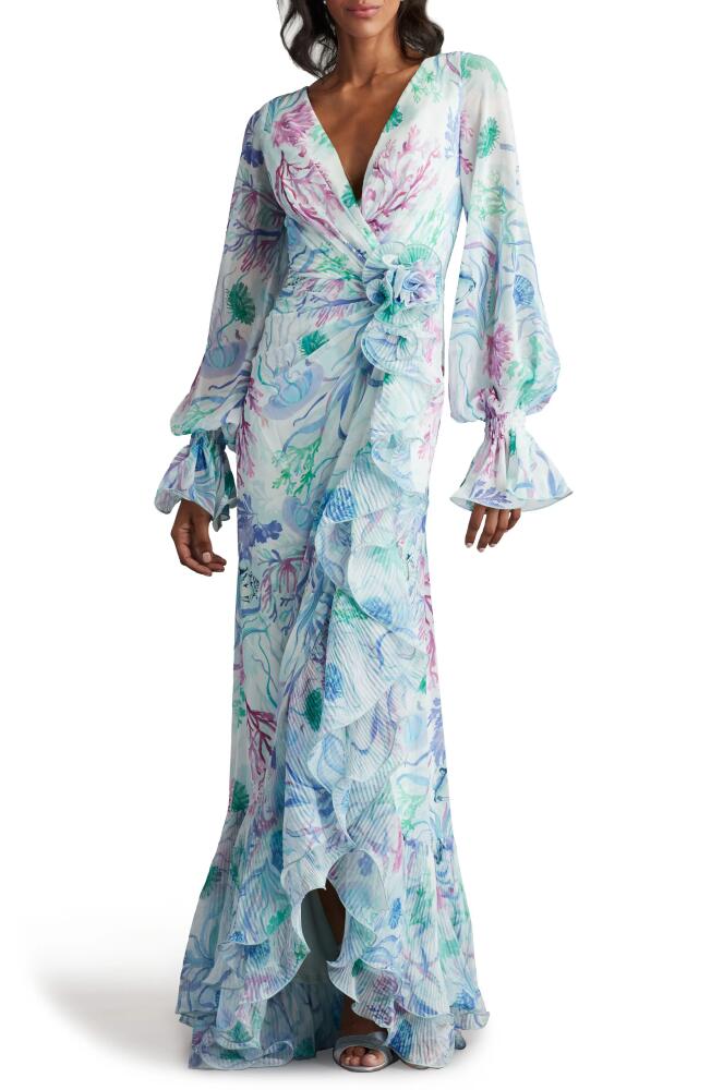 Tadashi Shoji Floral Long Sleeve Ruffle Gown in Bright Aqua Cover