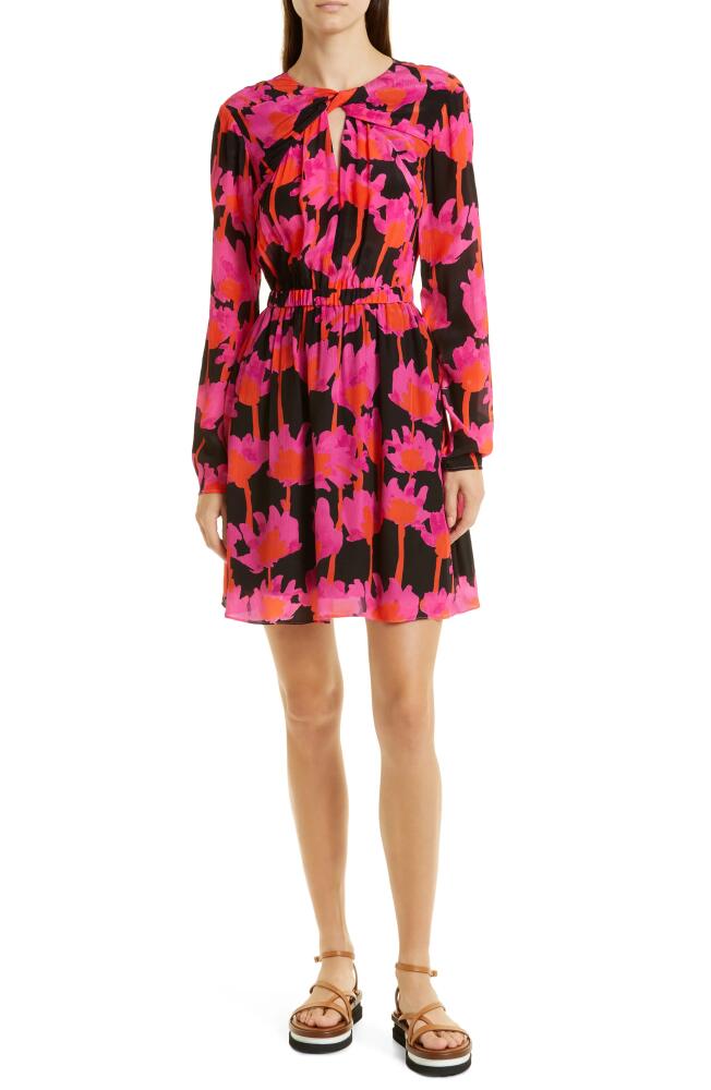 JASON WU Floral Long Sleeve Twist Front Minidress in Black/Pink Multi Cover