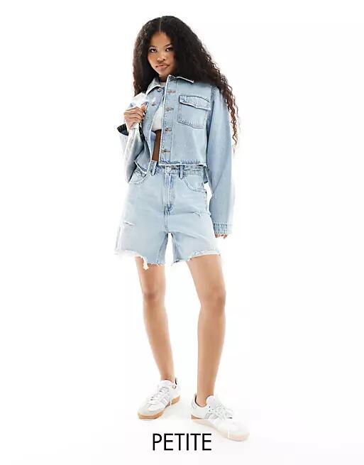 Stradivarius Petite denim dad shorts with rips in light blue Cover