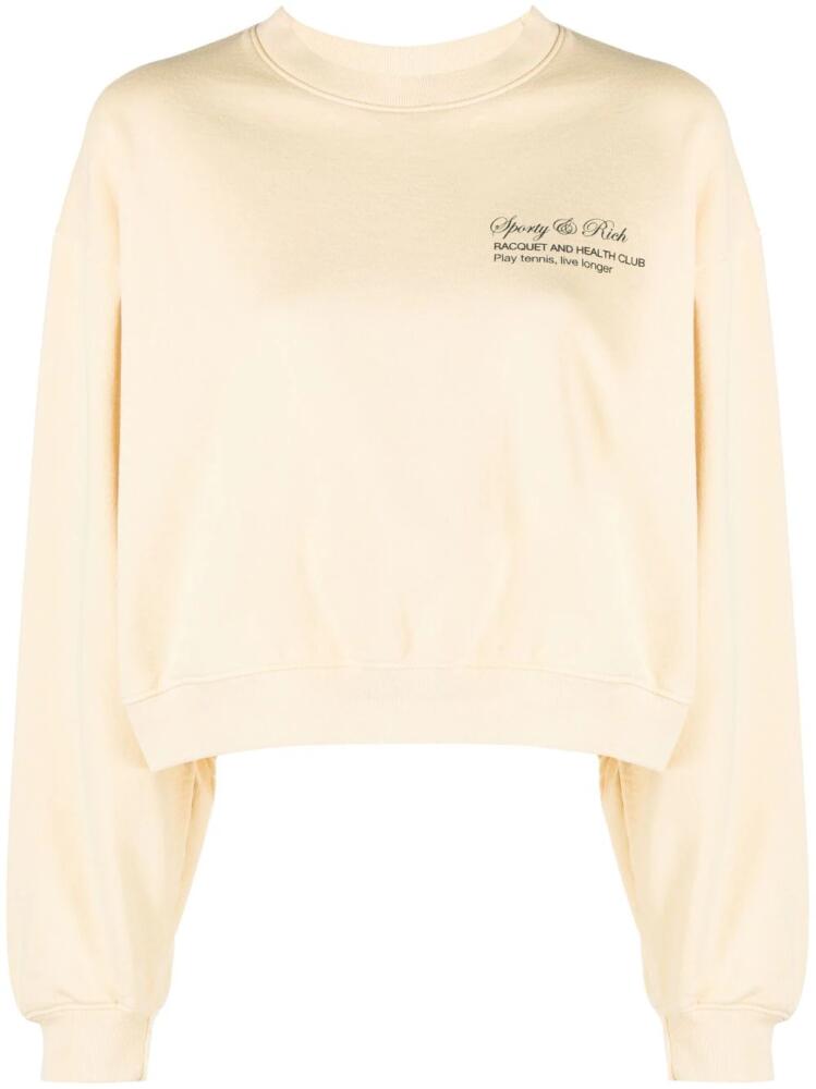 Sporty & Rich Tennis Script Cropped Crewneck - Almond/Navy - Yellow Cover