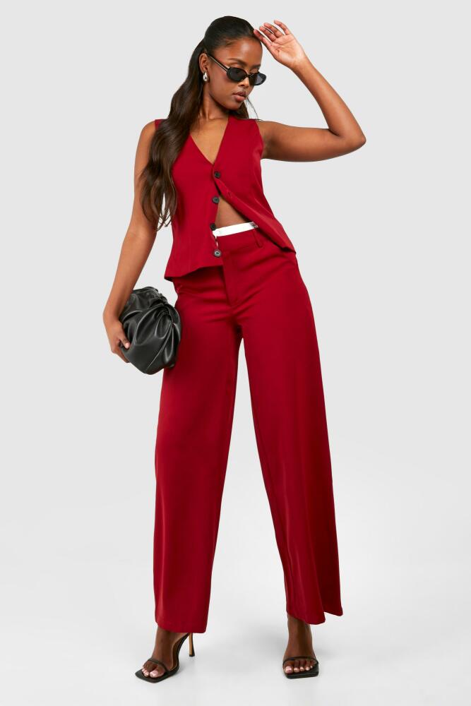 boohoo Womens Contrast Waistband Wide Leg Dress Pants - Red Cover