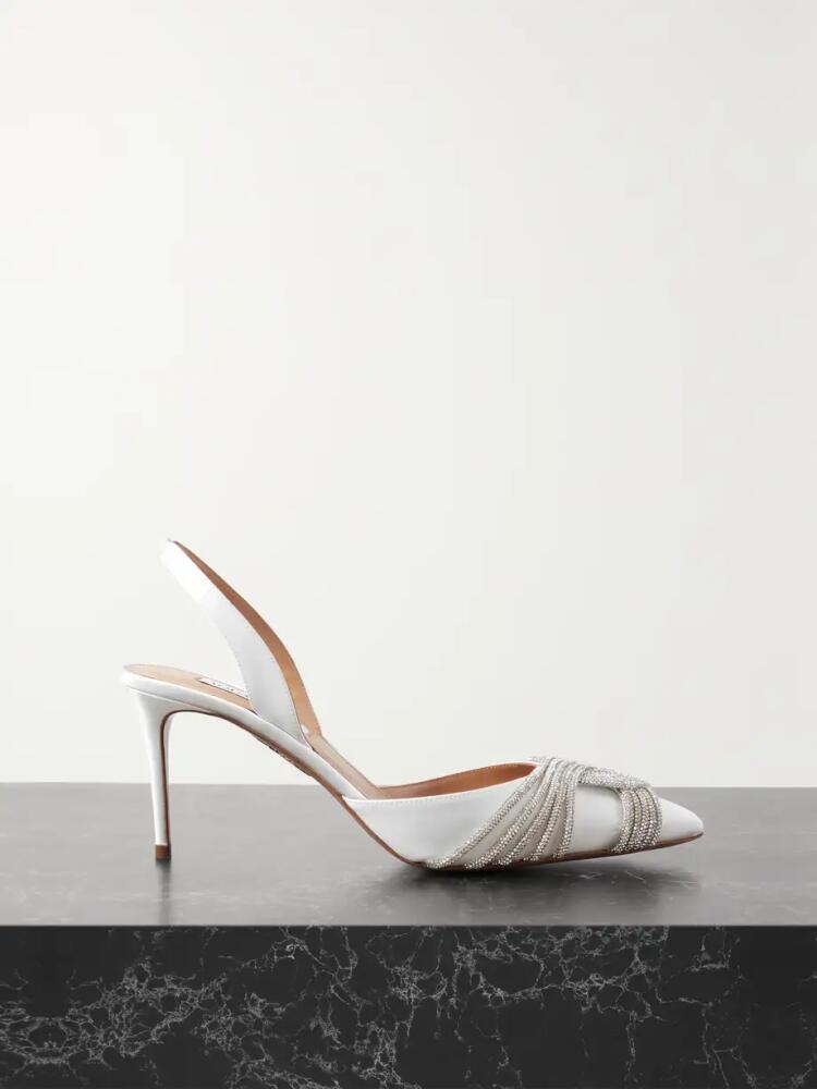 Aquazzura - Gatsby 75 Crystal-embellished Satin Slingback Pumps - White Cover