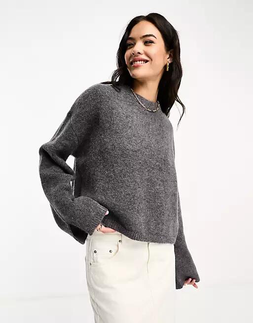 ASOS DESIGN crew neck sweater with wide cuff and split in alpaca wool blend in charcoal-Gray Cover