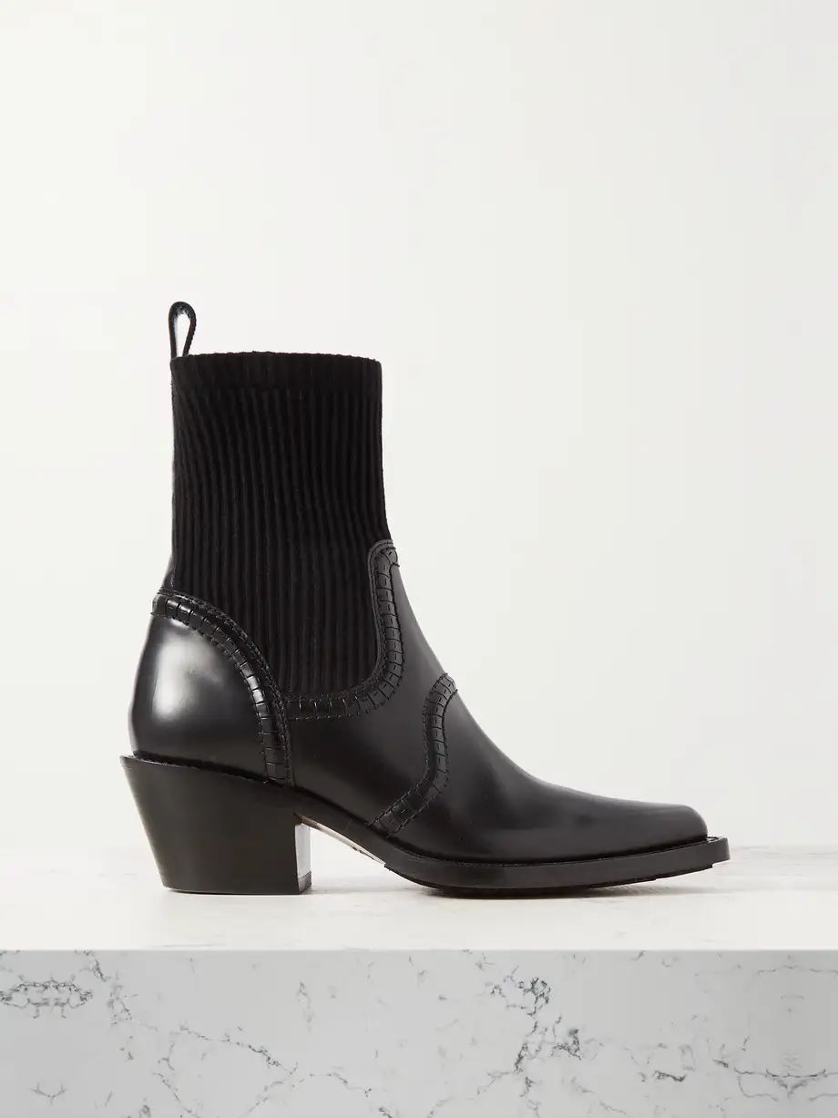 Chloé - Nellie Leather And Ribbed Cashmere-blend Ankle Boots - Black Cover