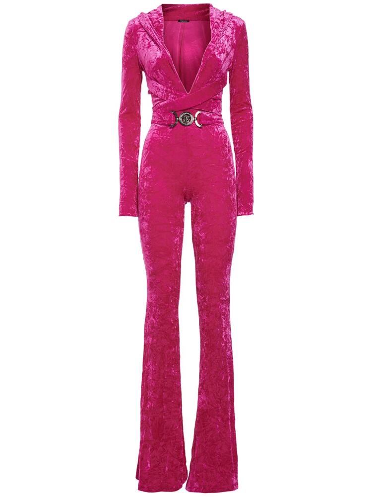 VERSACE Hooded Stretch Velour Jumpsuit Cover