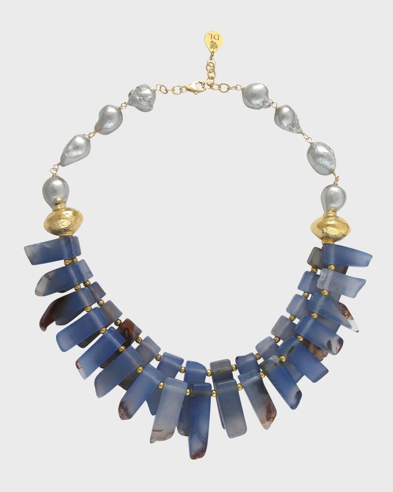 Devon Leigh Blue Agate Slab, Gray Pearl and Gold Accent Necklace Cover