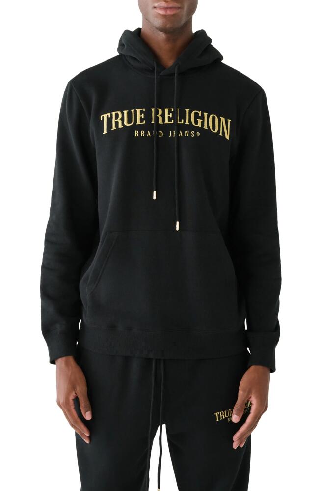 True Religion Brand Jeans Shine Arch Embroidered Pullover Hoodie in Jet Black Cover