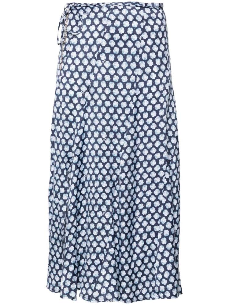 Maje Clover-print satin midi skirt - Blue Cover