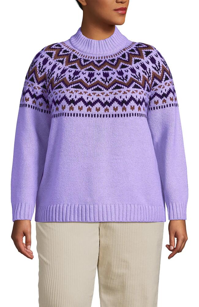 Lands' End Plus Size Cozy Lofty Fair Isle Yoke Mock Neck Sweater in Lavender Cloud Tulips Cover