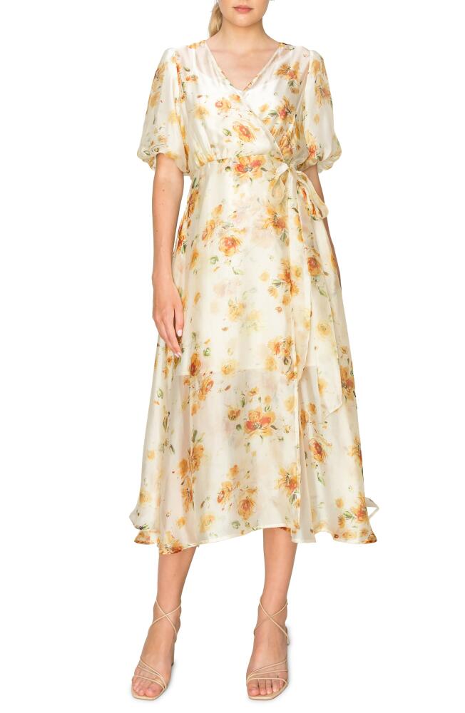 MELLODAY Floral Chiffon Midi Wrap Dress in Beige Golden Floral Cover