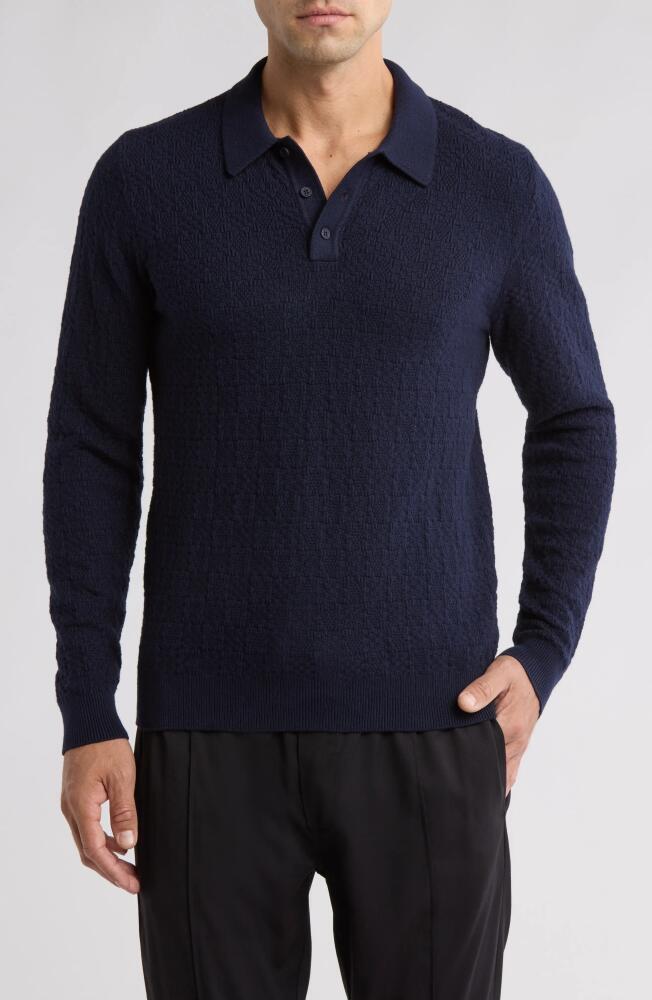 Wax London Oban Long Sleeve Textured Cotton & Cashmere Polo Sweater in Navy Cover