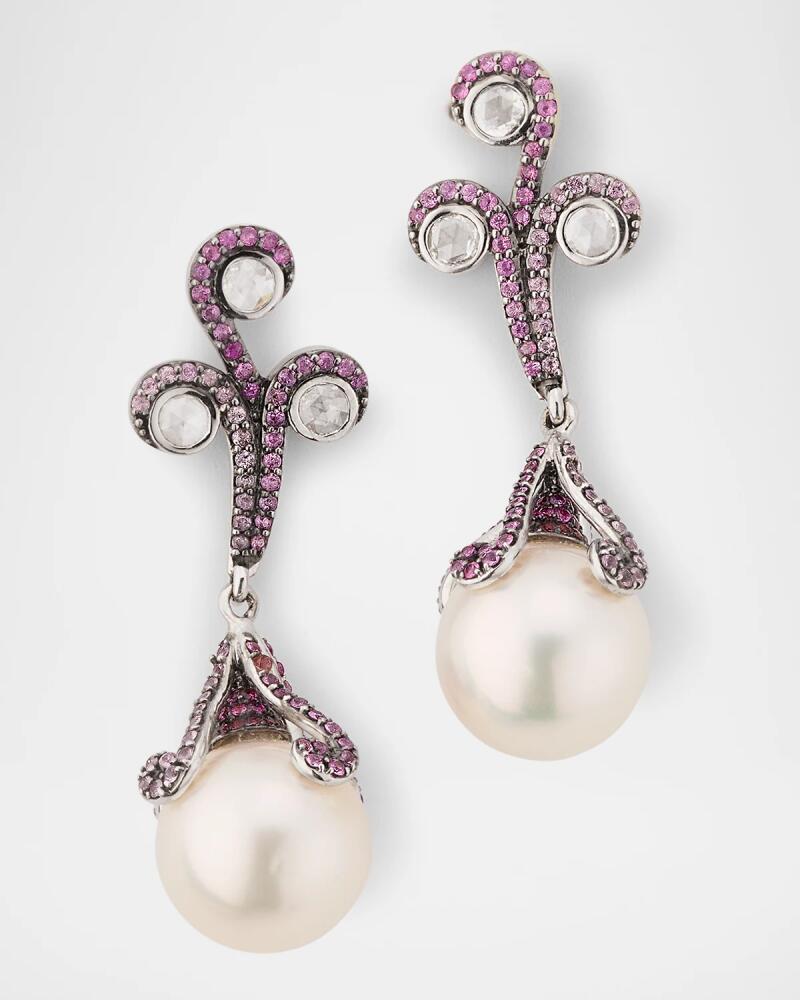 Belpearl 18K White Gold 13mm South Side Pearl, Pink Sapphire, and Diamond Drop Earrings Cover