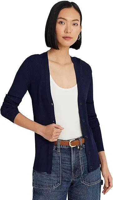 Lauren Ralph Lauren Ribbed V-Neck Cardigan (Refined Navy) Women's Sweater Cover