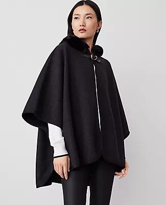 Ann Taylor Buckle Faux Fur Hooded Poncho Cover