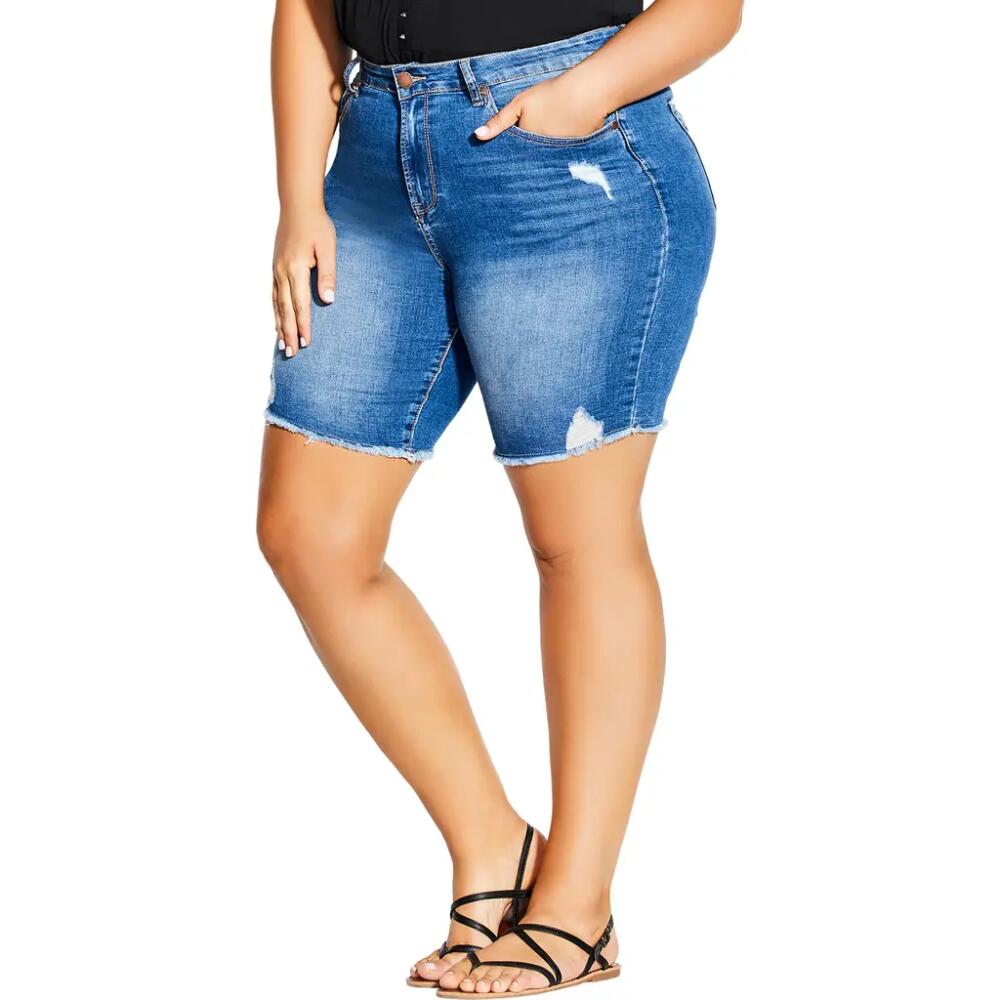 City Chic High Waist Distressed Denim Shorts in Mid Denim Cover