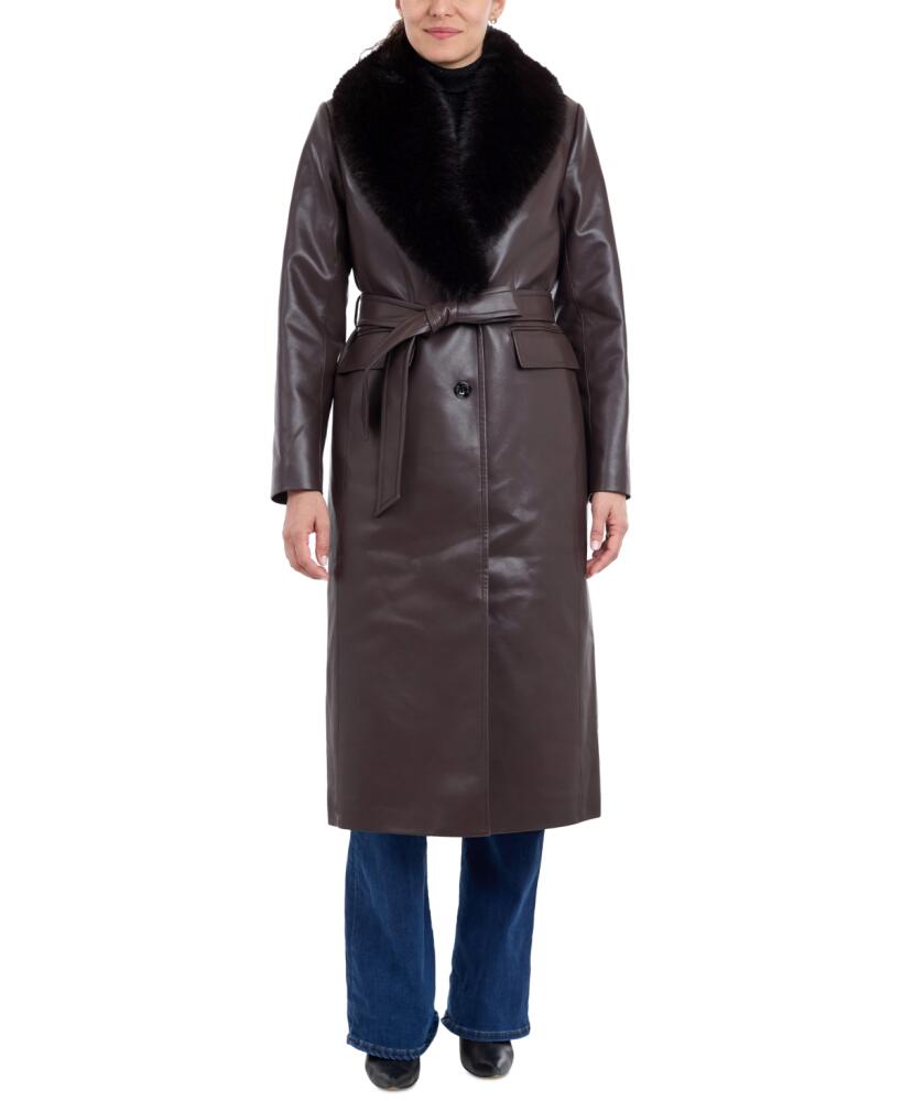 Michael Michael Kors Women's Faux-Fur-Trim Faux-Leather Trench Coat - Chocolate Cover