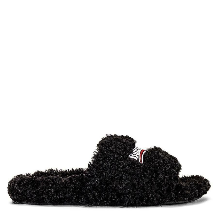 Balenciaga Logo Embroidered Furry Slide Sandals Cover