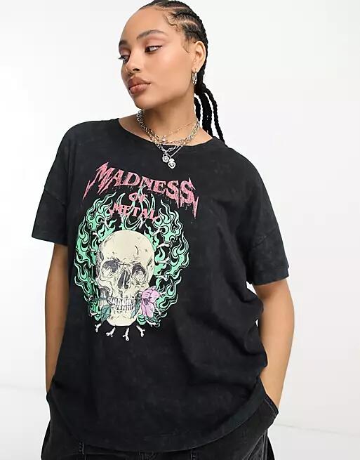 Noisy May Curve skull T-shirt in acid wash black Cover