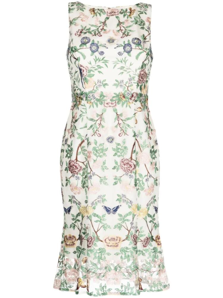 Marchesa Notte floral-embroidery boat-neck midi dress - Neutrals Cover