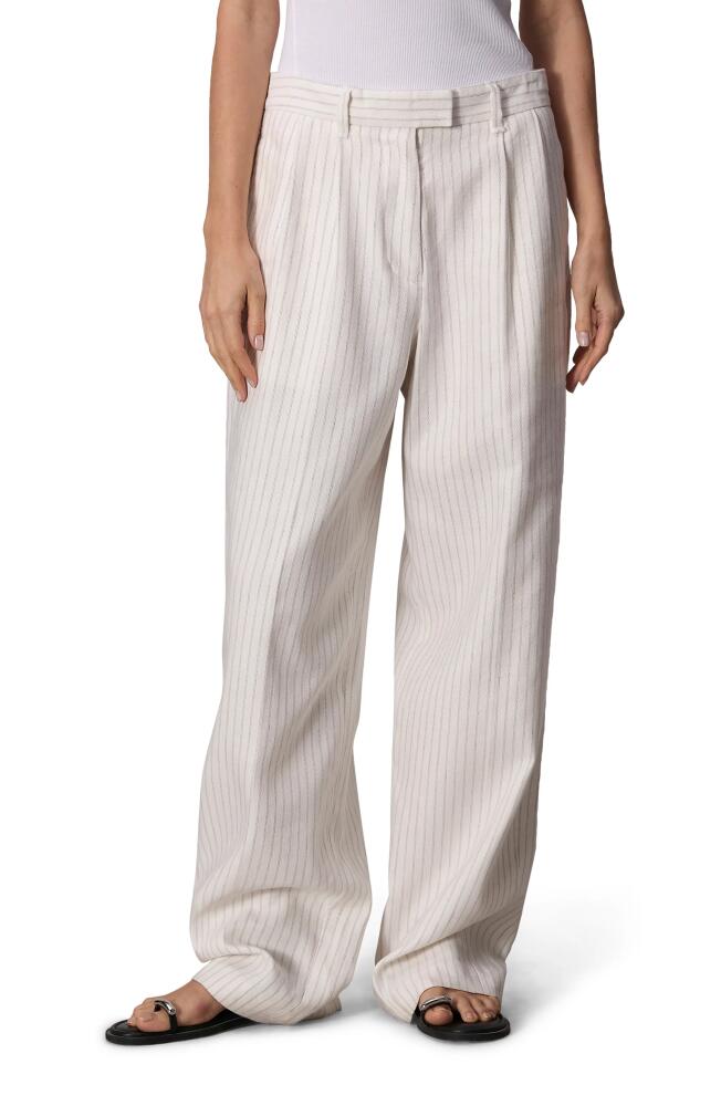 rag & bone Newman Pleated Cotton & Linen Wide Leg Pants in Off White Stripe Cover