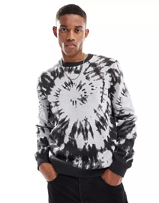 ASOS DESIGN relaxed knit sweater in black with tie dye pattern-Gray Cover