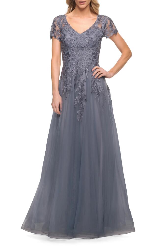 La Femme Embroidered Tulle A-Line Gown in Slate Cover