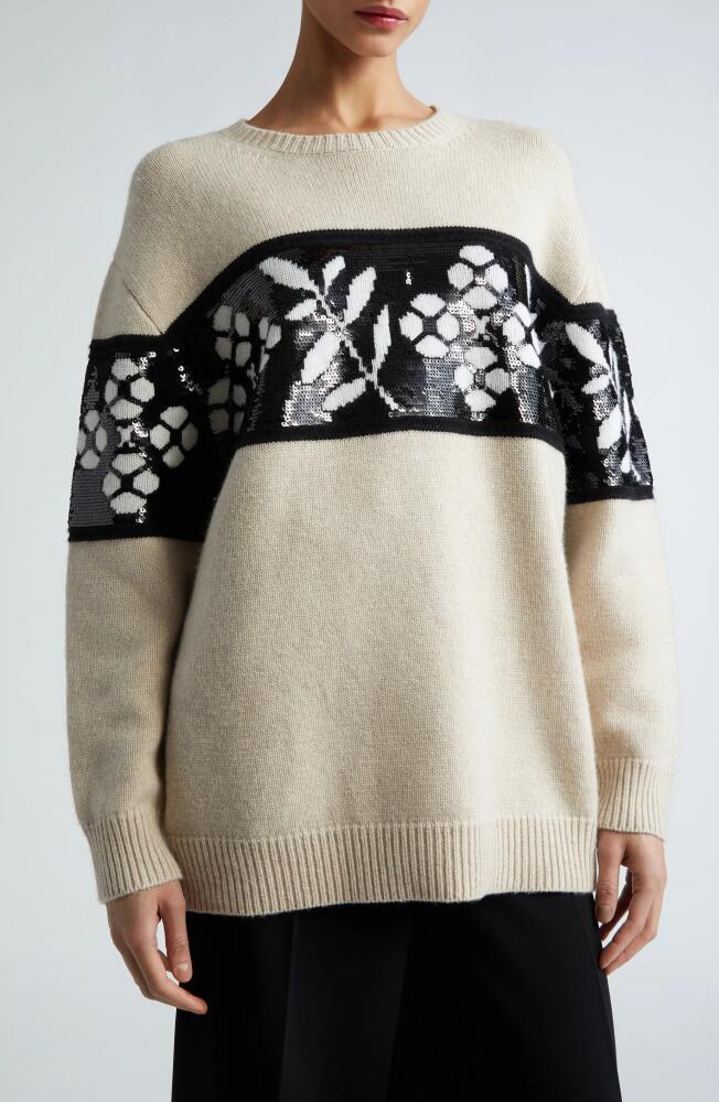 Max Mara Floral Jacquard Oversize Wool & Cashmere Crewneck Sweater in Beige Cover