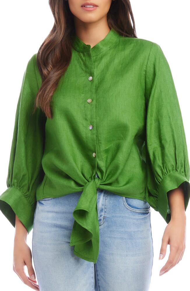 Karen Kane Tie Front Linen Button-Up Top in Green Cover