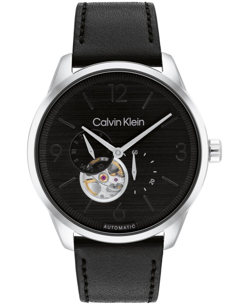 Calvin Klein Men's Automatic Black Leather Strap Watch 44mm - Black Cover