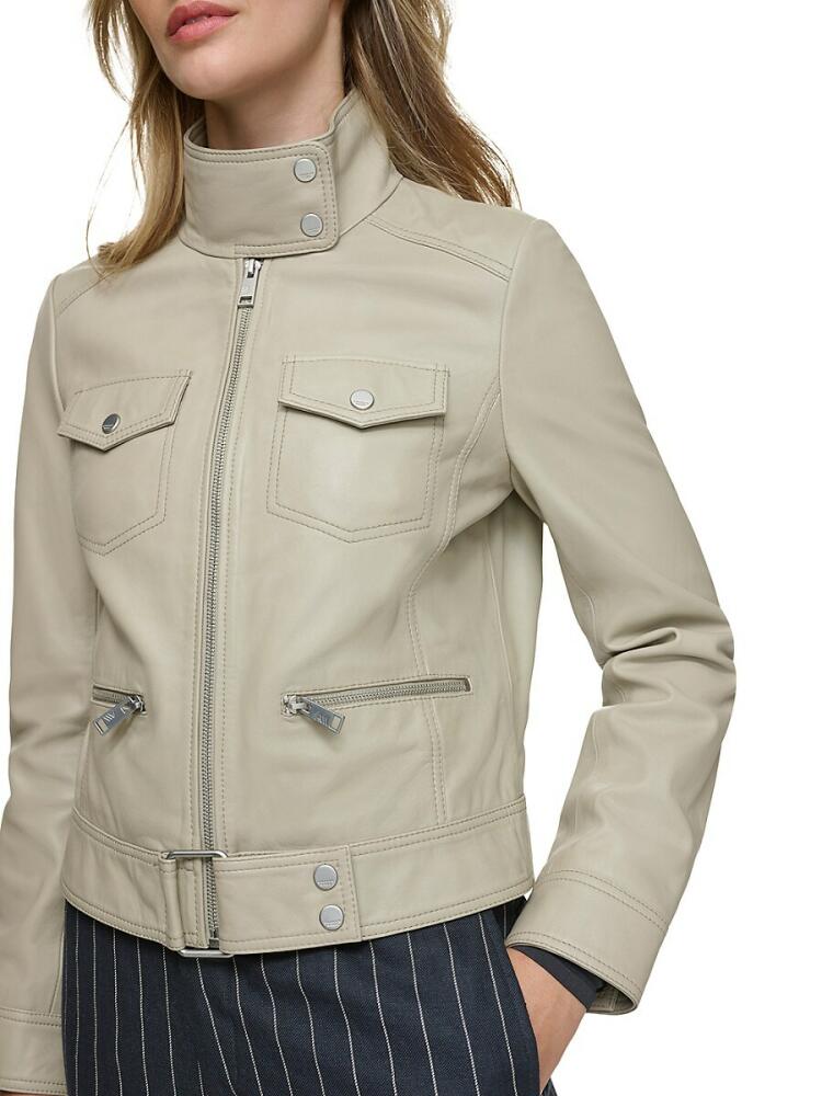 Andrew Marc Women's Vicki Lamb Leather Moto Jacket - Stone Cover