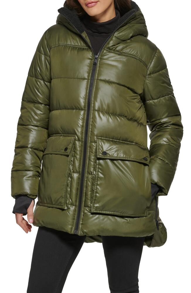 Kenneth Cole New York Faux Shearling Lined Hood Channel Quilted Puffer Parka Jacket in Loden Cover