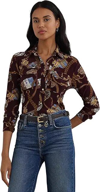 Lauren Ralph Lauren Slim Fit Print Stretch Jersey Shirt (Burgundy Multi) Women's Sweater Cover