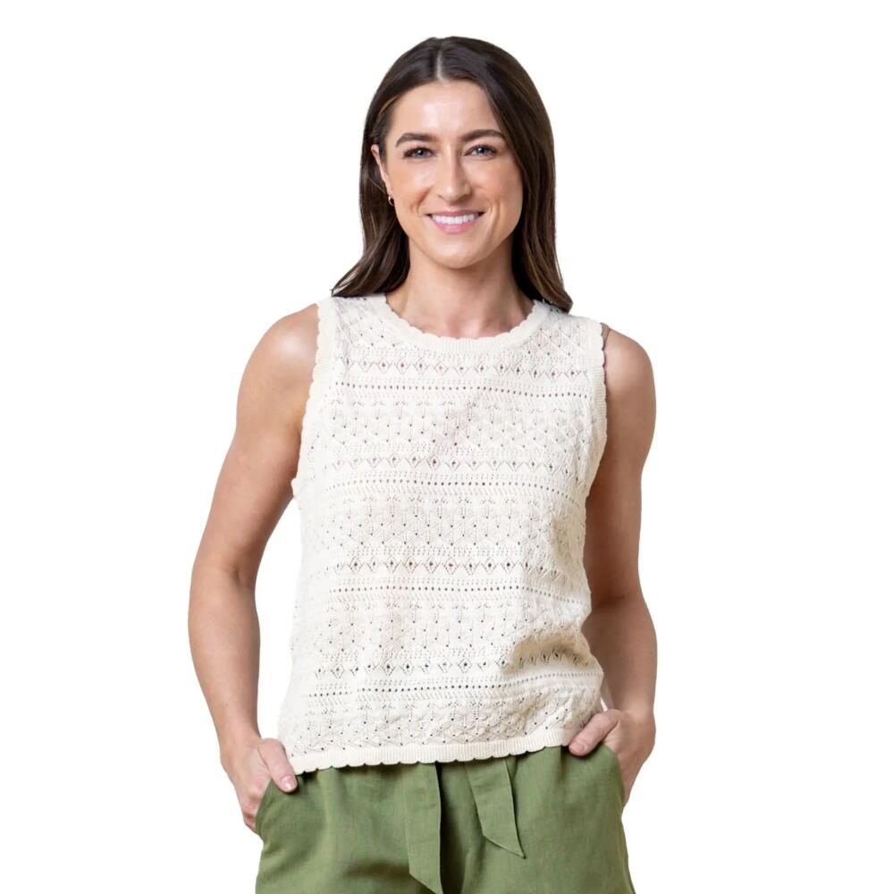 Hope & Henry Women's Organic Sleeveless Crochet Sweater Tank in Light Oatmeal Heather Cover