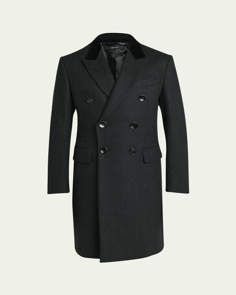 TOM FORD Men's Herringbone Topcoat with Velvet Collar Cover