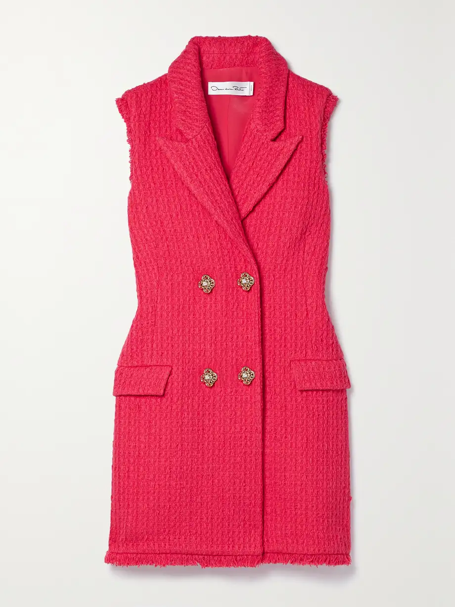 Oscar de la Renta - Button-embellished Frayed Wool-blend Tweed Mini Dress - Red Cover