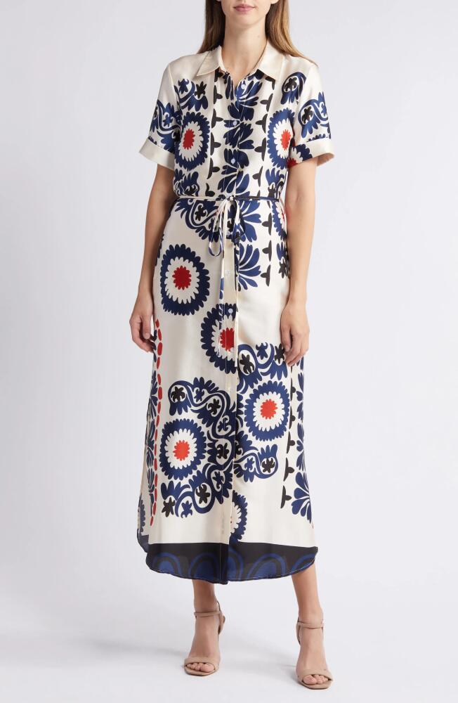 MELLODAY Abstract Floral Satin Shirtdress in Bone/Navy Print Cover