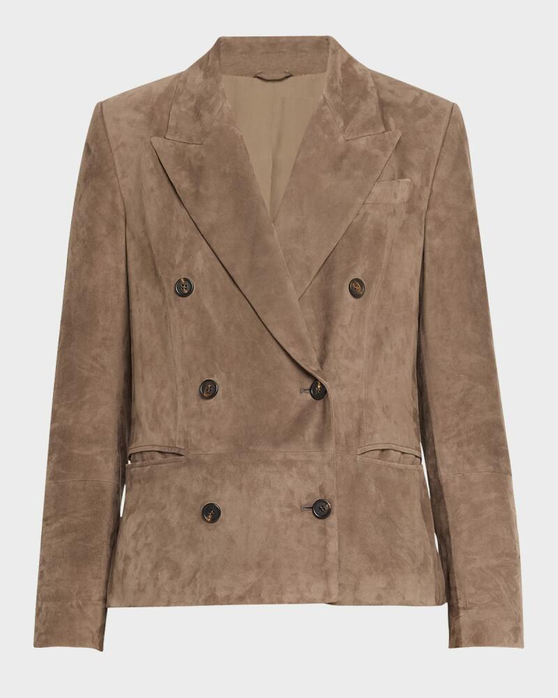 Brunello Cucinelli Monili-Nack Suede Double-Breasted Jacket Cover