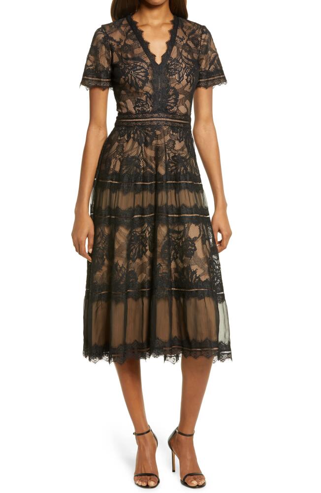 Tadashi Shoji Lace & Mesh Midi Cocktail Dress in Black/Nude Cover