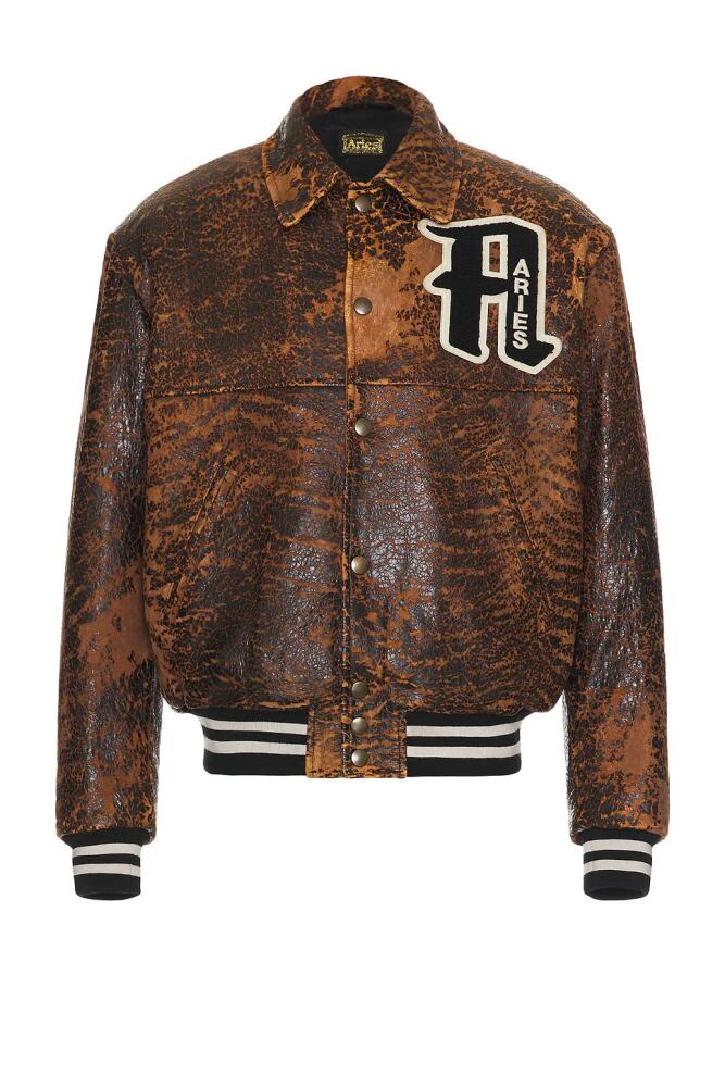 Aries Distressed Leather Letterman Jacket in Metallic Bronze Cover