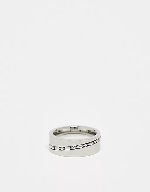 ASOS DESIGN waterproof stainless steel band ring with ball chain detail in silver tone Cover