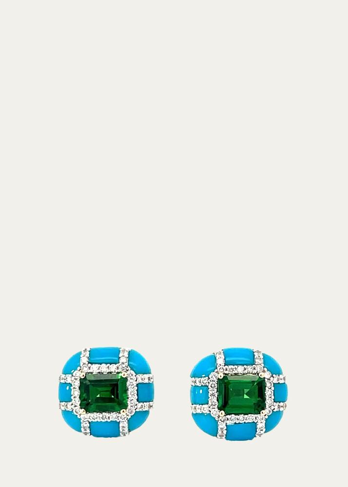 Stefere 18K Yellow Gold White Diamond, Tsavorite, and Turquoise Earrings Cover