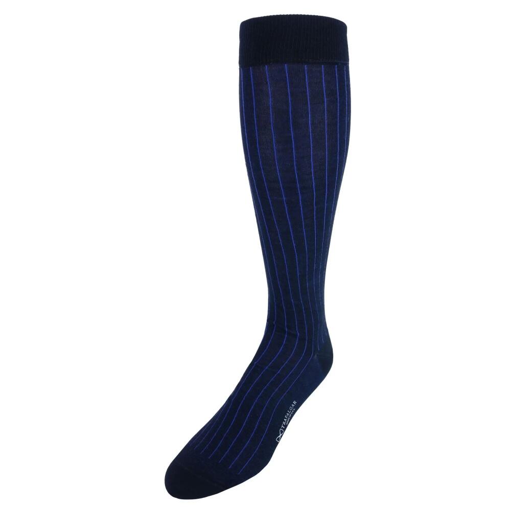 Trafalgar Nigel Over The Calf Vertical Stripe Mercerized Cotton Socks in Navy With Blue Stripe Cover