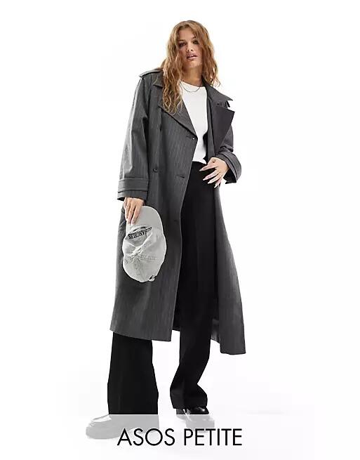 ASOS DESIGN Petite oversized pinstripe trench coat in gray Cover