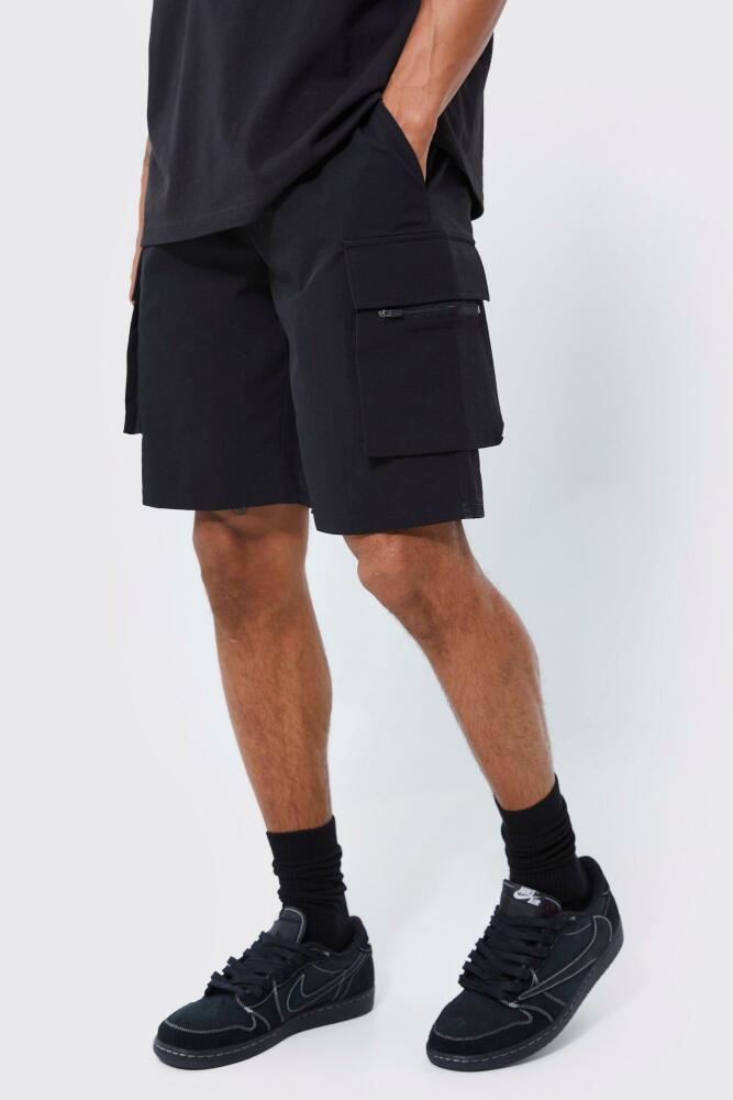 Mens Elasticated Waist Relaxed Technical Stretch Cargo Short - Black Cover