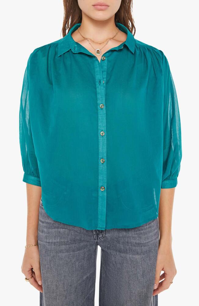 MOTHER The Breeze Cotton Button-Up Shirt in Teal Green Cover