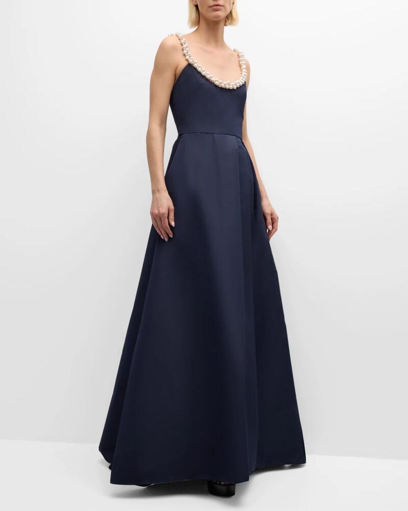 Monique Lhuillier Beaded-Neckline Sleeveless Pleated Slit Gown Cover