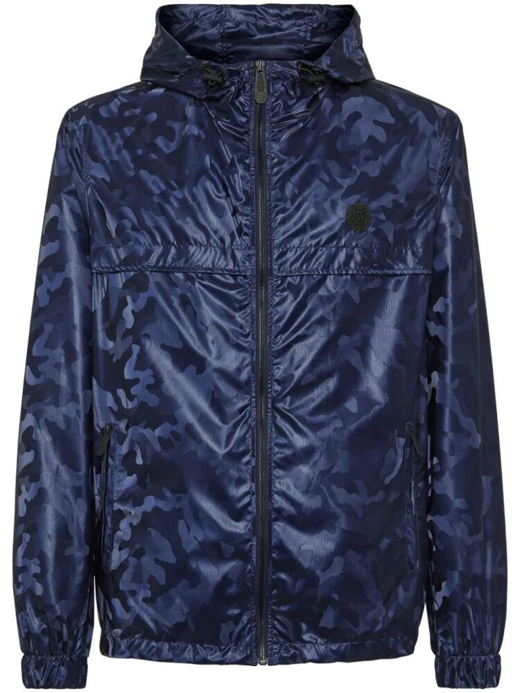 Philipp Plein camouflage-print hooded windbreaker - Blue Cover