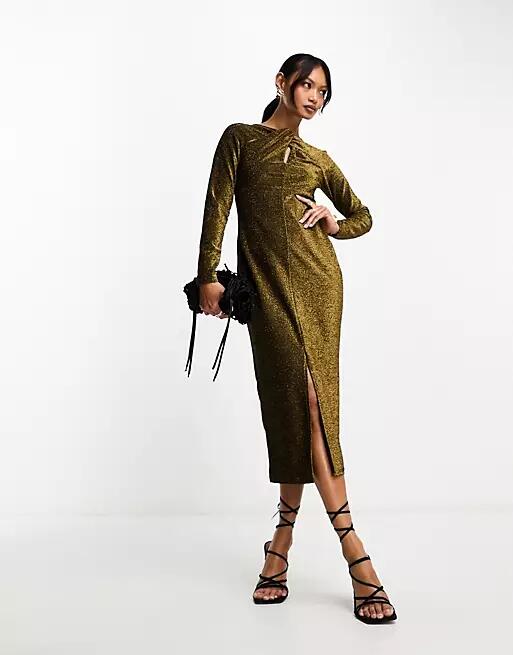 Closet London long sleeve ruched metallic midi dress in gold Cover