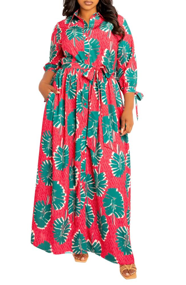 BUXOM COUTURE Mixed Print Maxi Shirtdress in Pink Multi Cover